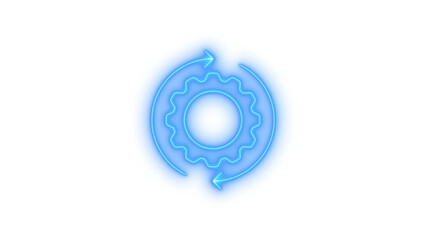 Glowing neon blue cogwheel with circular arrows, representing mechanical process, industry, and technology innovation, abstract graphic icon.