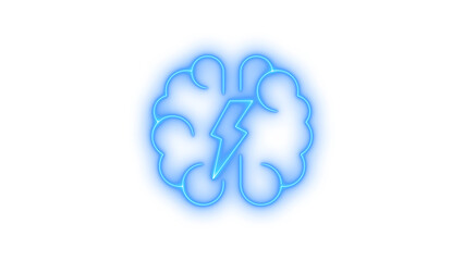 Bright blue neon outline of a human brain with a lightning bolt inside, symbolizing an idea or electric energy on transparent background.