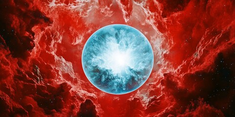 A surreal image of a cosmic scene with two celestial bodies that could be planets or stars, set against the backdrop of a vibrant nebula.