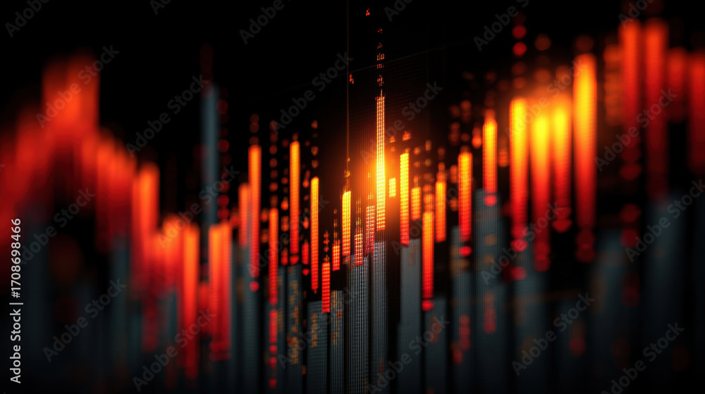 Poster abstract digital visualization of stock market trends with vibrant orange and red colors, representi