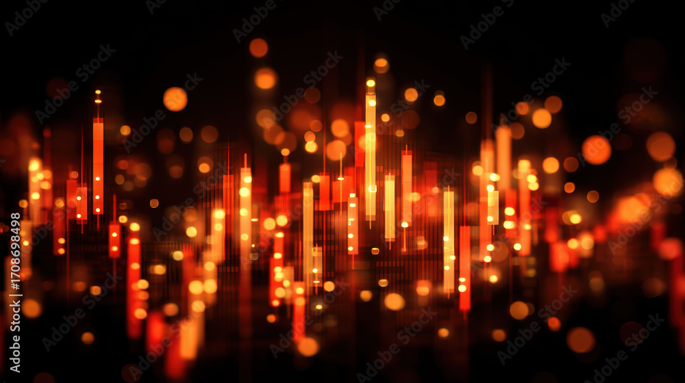 Poster abstract digital background with glowing orange and red vertical lines and bokeh effects, creating v