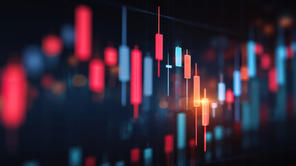 Vibrant financial chart displays candlestick patterns in red, blue, and white, symbolizing market trends and fluctuations. glowing lights create dynamic atmosphere, reflecting energy of trading
