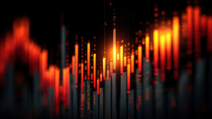 Abstract digital visualization of stock market trends with vibrant orange and red colors, representing fluctuations and data analysis in finance. image evokes sense of dynamic movement and energy