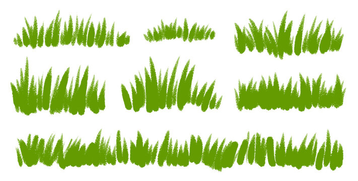 Crayon drawn grass set. Childish chalk scribble of green lawn meadow with pastel doodle textures, playful children drawing vector illustration