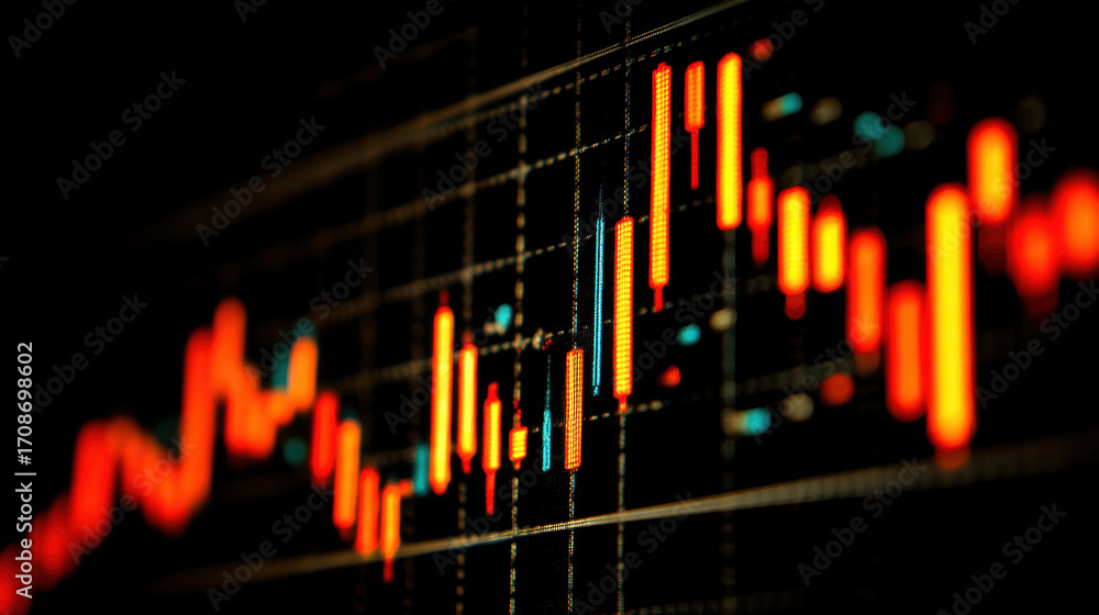 Poster close up view of financial chart displaying candlestick patterns in vibrant orange and blue colors, 