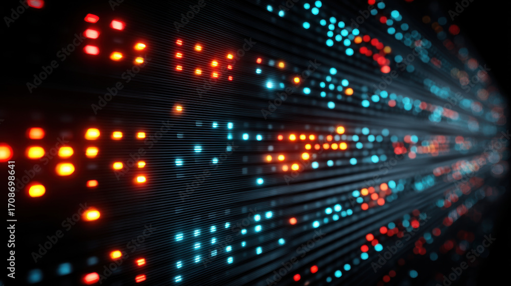 Poster digital data streams create vibrant visual display with glowing blue and orange lights. this abstrac