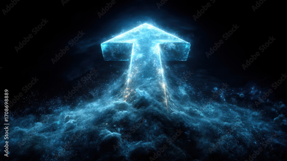 Poster glowing arrow symbol in cosmic space, surrounded by luminous particles and mist, representing direct