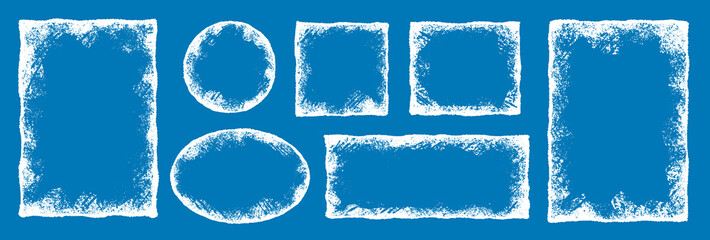 Winter ice and snow borders set. Frozen oval, circle, rectangle frames with frosty texture, blizzard seasonal Christmas holiday vector design