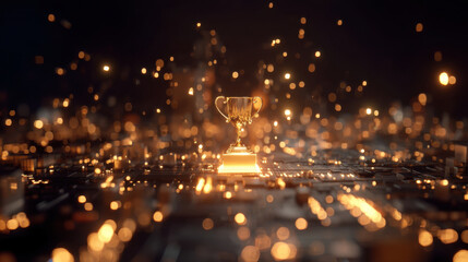 Golden trophy stands prominently on glowing circuit board, surrounded by shimmering sparks and lights, symbolizing achievement and success in digital world