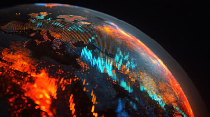 Vibrant digital representation of Earth showcases intricate patterns of orange and blue lights, symbolizing data flow and connectivity across continents. This artistic visualization evokes sense