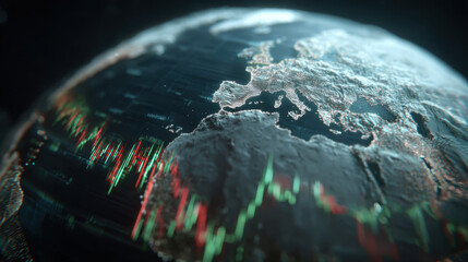 3D globe visualization showcasing Europe and Africa with digital data overlays, representing global finance and market trends. vibrant colors of green and red indicate fluctuations in data