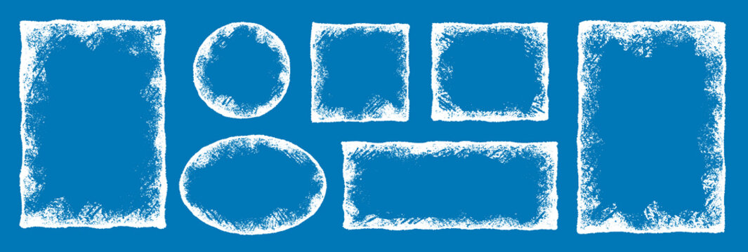 Winter ice and snow borders set. Frozen oval, circle, rectangle frames with frosty texture, blizzard seasonal Christmas holiday vector design