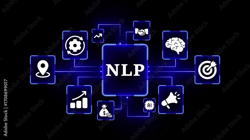 Poster natural language processing concept with interconnected icons and glowing blue lines on black backgr