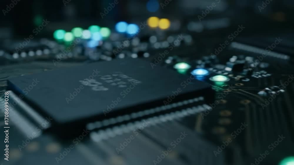 Aufkleber glowing circuit board with integrated chip - close-up view of an intricate circuit board featuring a