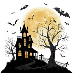 Spooky Halloween Night Silhouette Haunted House, Bats, and Full Moon against a White Background - Perfect for Creepy Designs