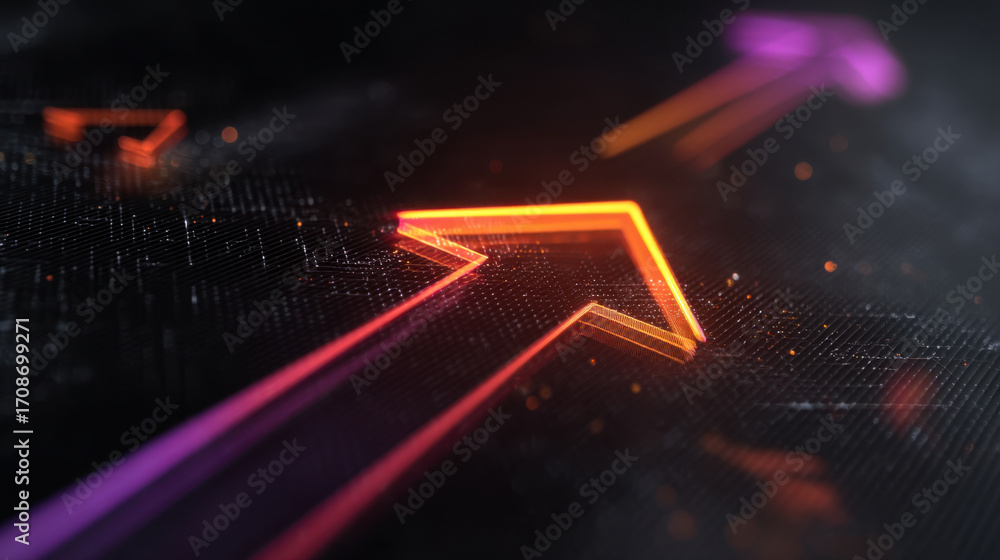 Poster dynamic arrows in vibrant colors create sense of movement and direction, set against dark, textured 