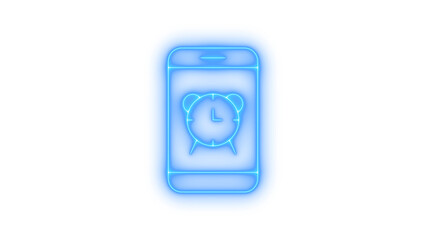 Neon alarm clock icon on a smartphone screen, representing time, notifications, and digital reminders on a mobile device, concept of punctual technology and modern scheduling