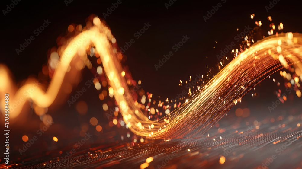Poster glowing golden sparks create mesmerizing wave of light, illuminating dark background with sense of e
