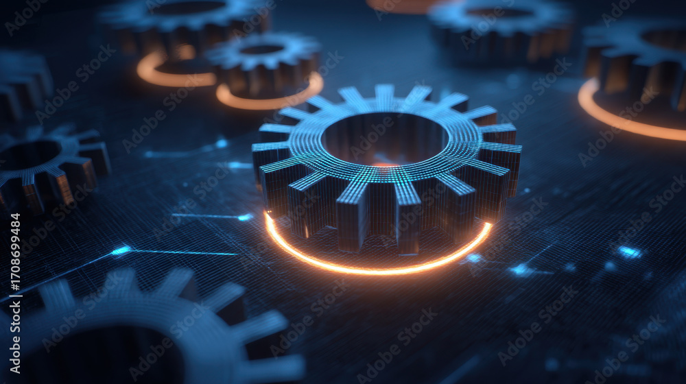 Poster digital gears with glowing edges create futuristic atmosphere, symbolizing technology and innovation