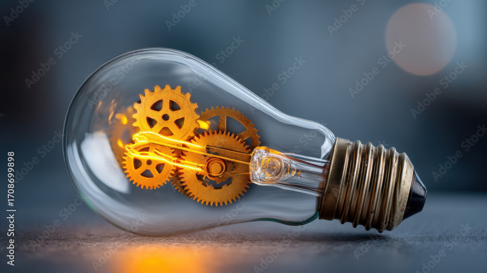 Poster light bulb with visible gears inside, symbolizing innovation and creativity. warm glow emanating fro