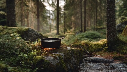 Scandinavian-Style Outdoor Cooking &ndash; Saucepan with Water on Fire Over Mossy Rock in Forest Setting