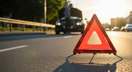 Car trouble on the road needing assistance with warning triangle for safety and caution on a sunny day