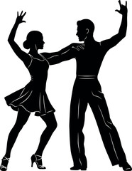 Elegant dancing couple silhouette performing Latin ballroom pose in black and white vector style for romantic, artistic, and cultural themes