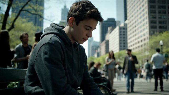 Teenager Alone in Urban Park - A young man sits alone on a park bench in a busy city, looking down and appearing troubled.