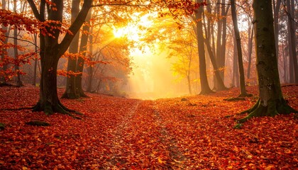 Obraz premium An elegant and enchanting autumn forest scene, bathed in radiant golden sunlight, offers a breathtaking fall background with abundant copy space