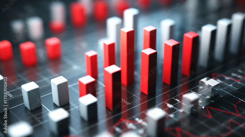 Poster close up view of financial chart displaying red and white bar graphs, representing data analysis and