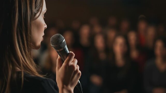 Woman speaking into a microphone on stage in front of an audience