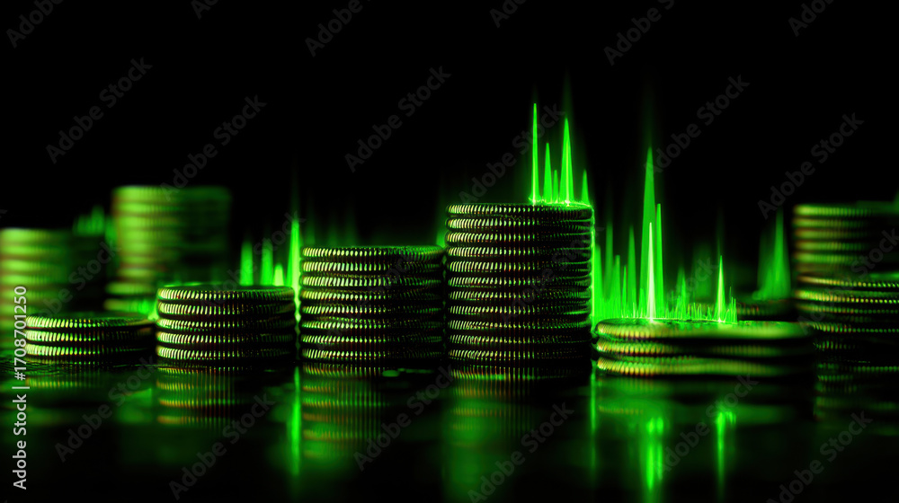 Poster stacks of coins illuminated in green light, creating vibrant visual effect that symbolizes wealth an