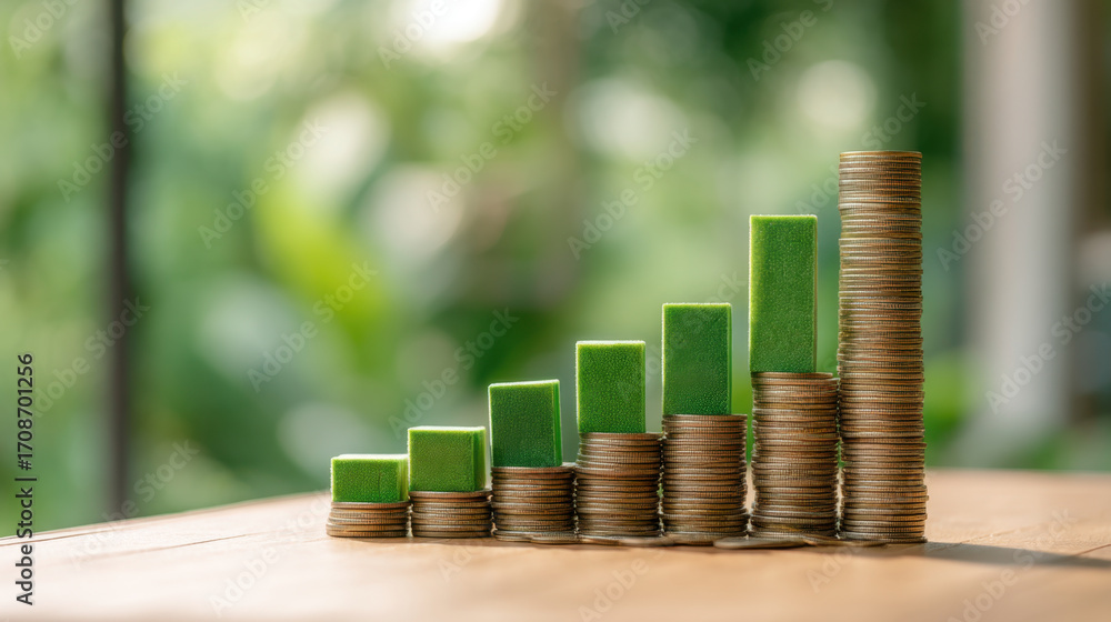 Poster visual representation of financial growth, featuring stacks of coins and green blocks symbolizing in