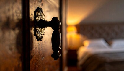 Antique door handle on a wooden wardrobe in a bedroom