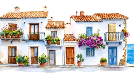 Mediterranean Coastal Village Street &ndash; Watercolor Seaside Houses with Colorful Facades and Flower Balconies