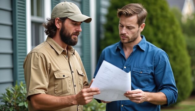 Homeowner discusses HVAC system options with technician. They review paperwork for heating, cooling, ventilation upgrades. Professional advice on energy efficiency, climate control for home comfort.