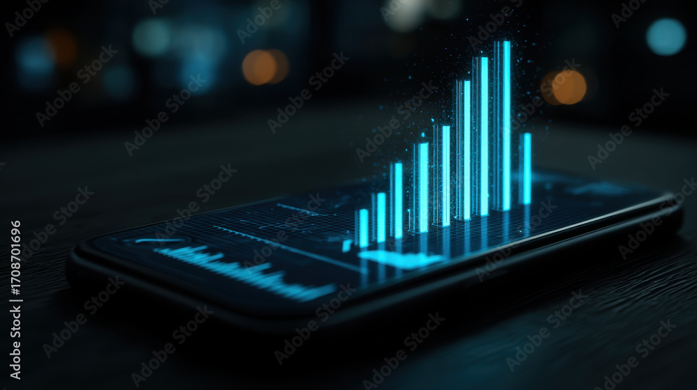 Poster smartphone displaying glowing blue bar graph, representing data analysis and growth. background feat