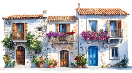 Mediterranean Coastal Village Street – Watercolor Seaside Houses with Colorful Facades and Flower Balconies