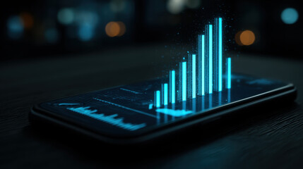 Smartphone displaying glowing blue bar graph, representing data analysis and growth. background features blurred cityscape, creating modern and technological atmosphere