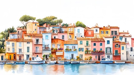 Obraz premium Mediterranean Coastal Village Street – Watercolor Seaside Houses with Colorful Facades and Flower Balconies