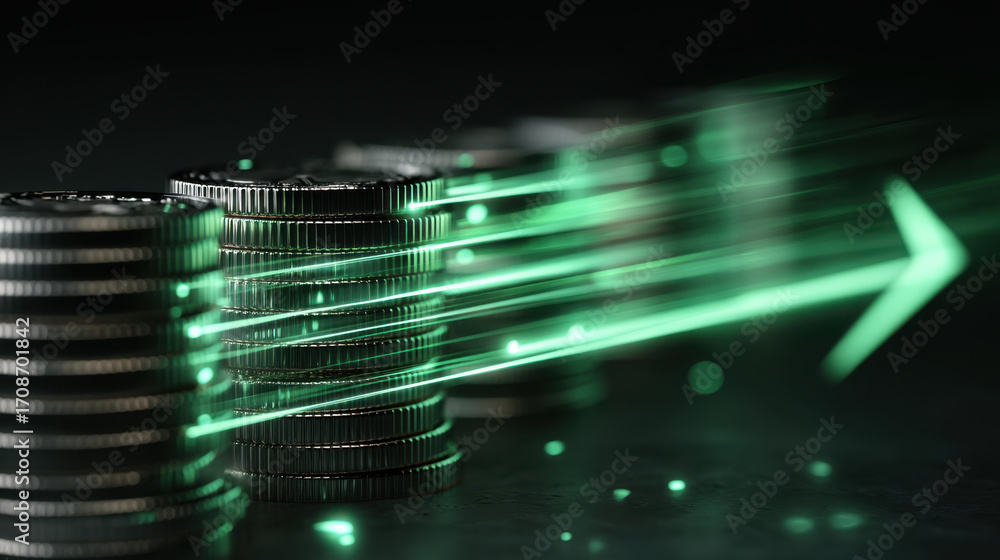 Poster coins stacked in row with dynamic green light effect, symbolizing financial growth and investment. i