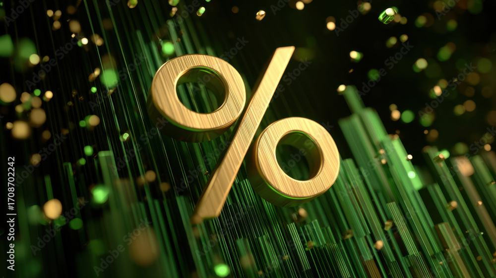 Poster golden percentage symbol surrounded by green abstract shapes and particles, creating dynamic and mod