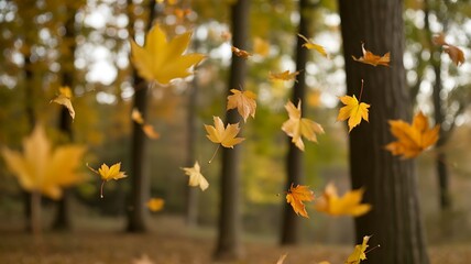 Obraz premium Yellow autumn leaves falling in a forest with blurred trees image photo