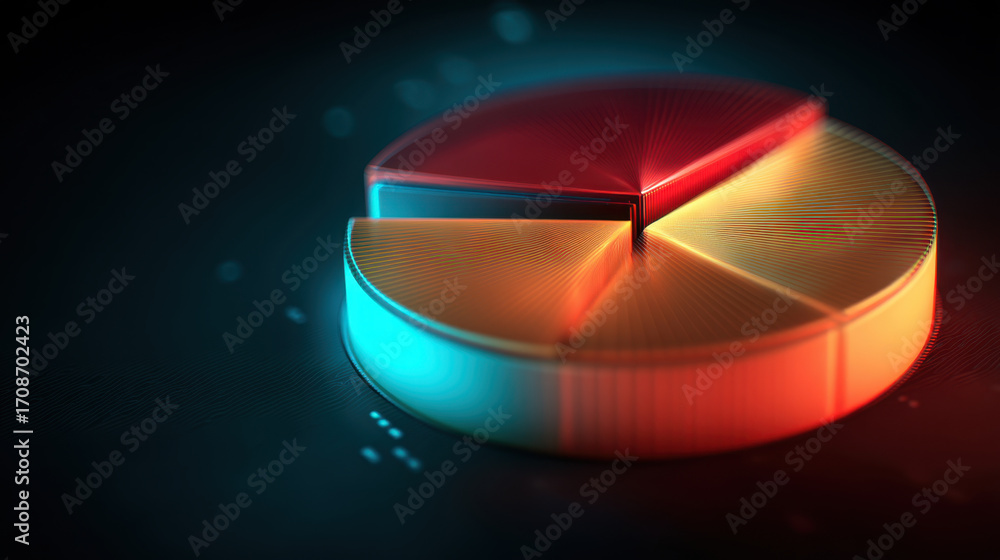 Poster vibrant 3d pie chart with segments red, orange, and blue colors, showcasing data visualization moder