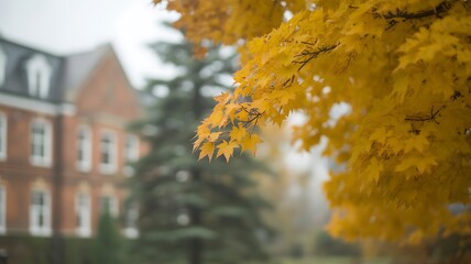 Yellow maple leaves in foreground with a brick building and evergreen tree autumn fall