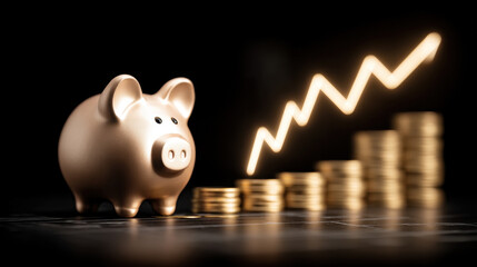 Golden piggy bank symbolizes savings and financial growth, with rising graph indicating increasing wealth. This conveys importance of saving and investing wisely