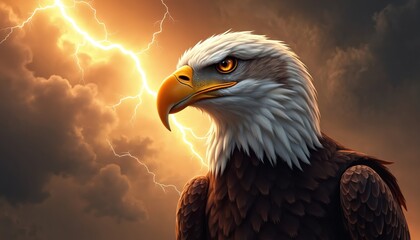 Majestic eagle, bird of prey, with intense gaze set against stormy sky filled with lightning. Illustration conveys strength, nature fury, freedom, raw power. Dramatic, awe-inspiring digital artwork.