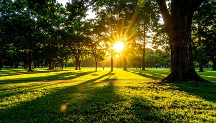 Sunbursts through trees, casting long shadows across a green lawn in a summer park