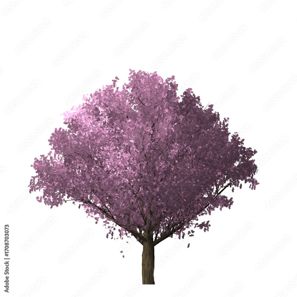 Poster a digitally rendered image of a tree with pink leaves against a black background showcasing its form