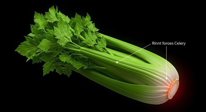 Detailed Closeup of Rinnt foroees Celery Stalks and Leaves against Black Background: A Vibrant, Fresh, and Healthy Vegetable Image